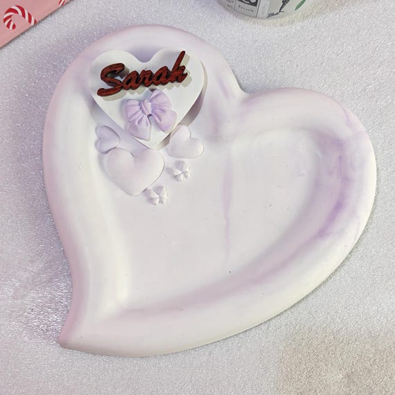 Custom hand made personalised bespoke real hard solid wood laser cut name word plaster gypsum jewellery coin trinket key tray dish plate