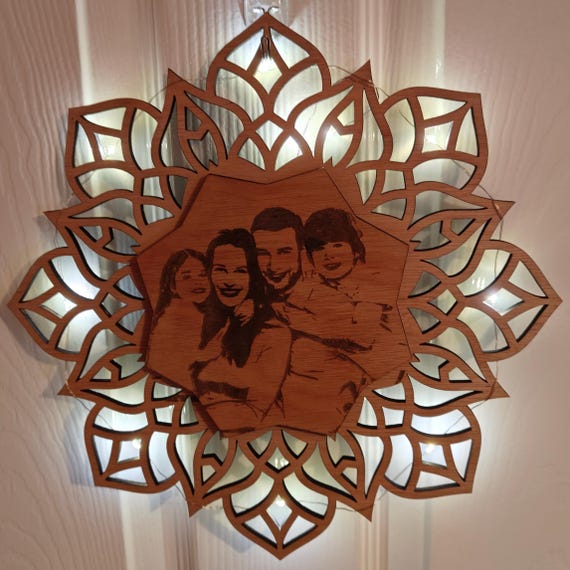 personalised picture photo name message wooden mandala flower pattern wall door decoration laser cut engraved home art wood sign fairy light