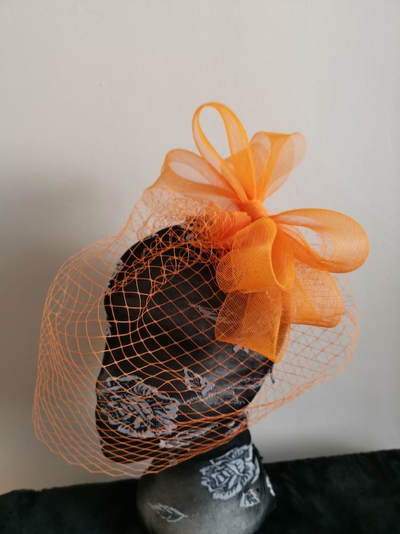 orange feather veil veiling fascinator millinery burlesque headband wedding hat hair piece