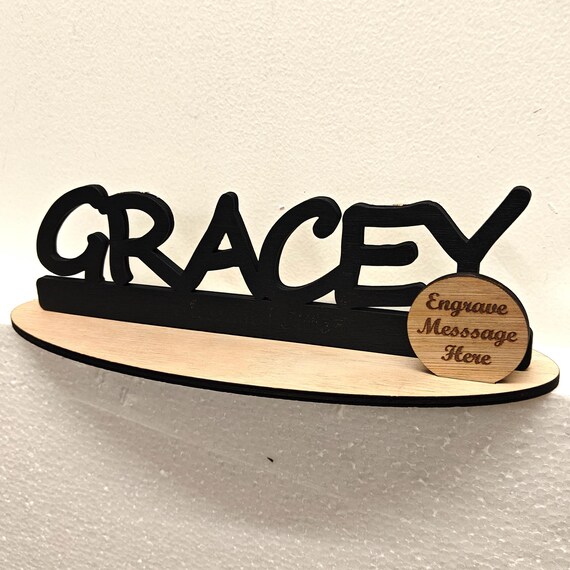 Black personalised custom made laser cut engraved wood wooden letter name word number desk table stand plaque sign logo design office home