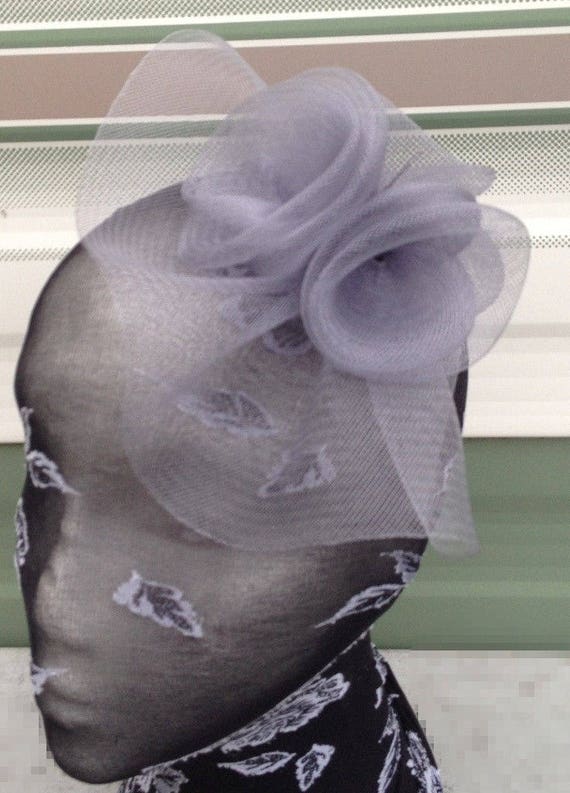 grey crin flower netting fascinator millinery burlesque hair clip brooch hen party bridal ascot race fancy dress british