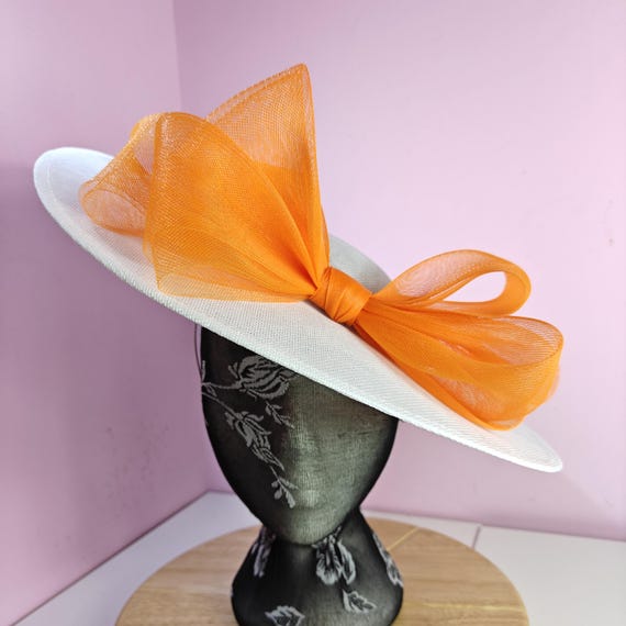 white orange large fascinator millinery burlesque wedding hat headband party race cosplay handmade Kentucky Derby Royal Ascot