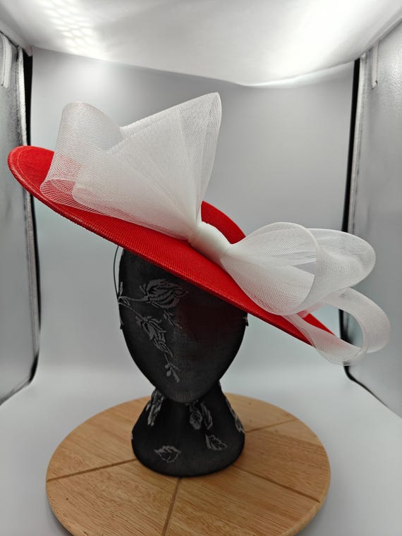 red white large fascinator millinery burlesque wedding hat headband party race cosplay handmade Kentucky Derby Royal Ascot