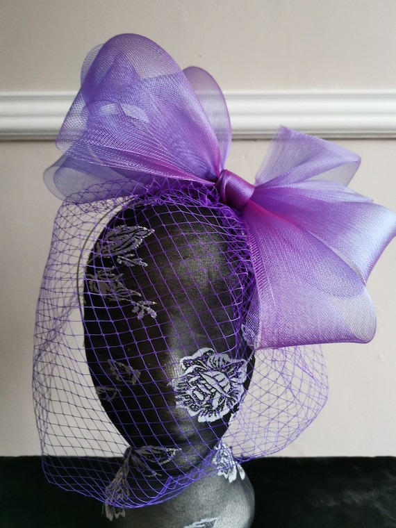 purple veil veiling crin fascinator millinery burlesque headband wedding hat hair piece