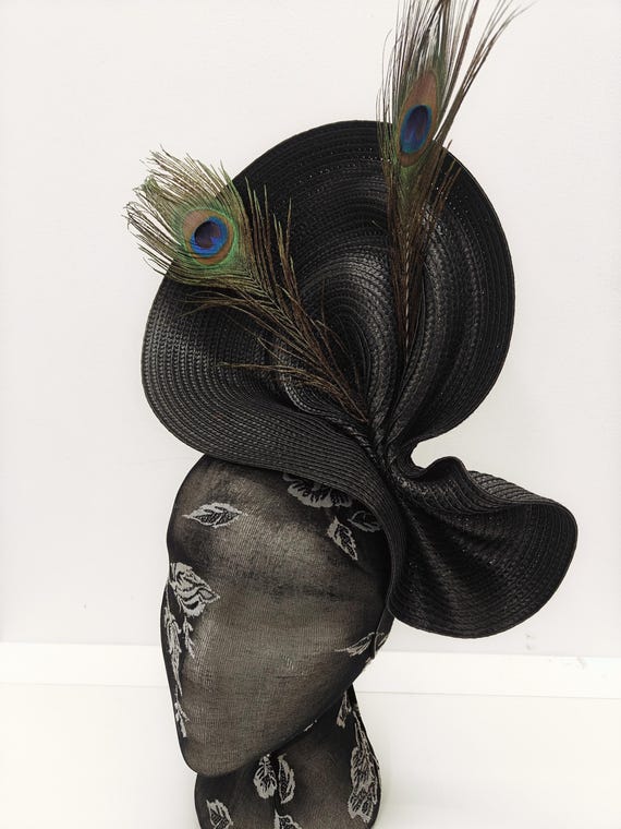 black large straw fascinator millinery burlesque wedding hat on headband ascot party race cosplay handmade unique design