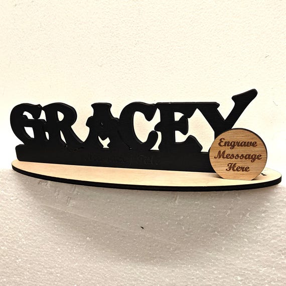 Black personalised custom made laser cut engraved wood wooden letter name word number desk table stand plaque sign logo design office home