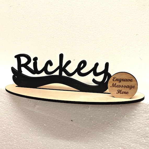 Black personalised custom made laser cut engraved wood wooden letter name word number desk table stand plaque sign logo design office home