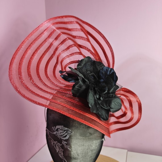 red black large fascinator satin flower millinery wedding hat headband party race handmade cosplay Kentucky Derby Royal Ascot