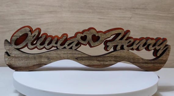 solid wood personalized name love heart letter word sign logo stand plaque personalised gift present wedding valentine anniversary laser cut