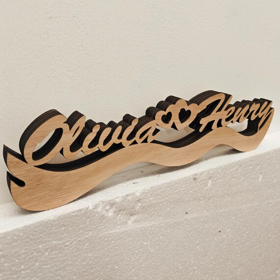 Personalised bespoke love heart laser cut engraved wood name word desk table stand free standing wall door plaque sign logo design service