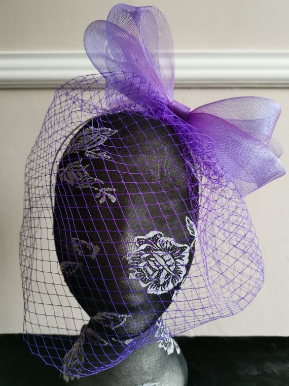 purple veil veiling crin fascinator millinery burlesque headband wedding hat hair piece