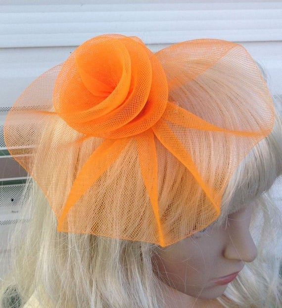 orange crin flower netting fascinator millinery burlesque hair clip brooch hen party bridal ascot race fancy dress british