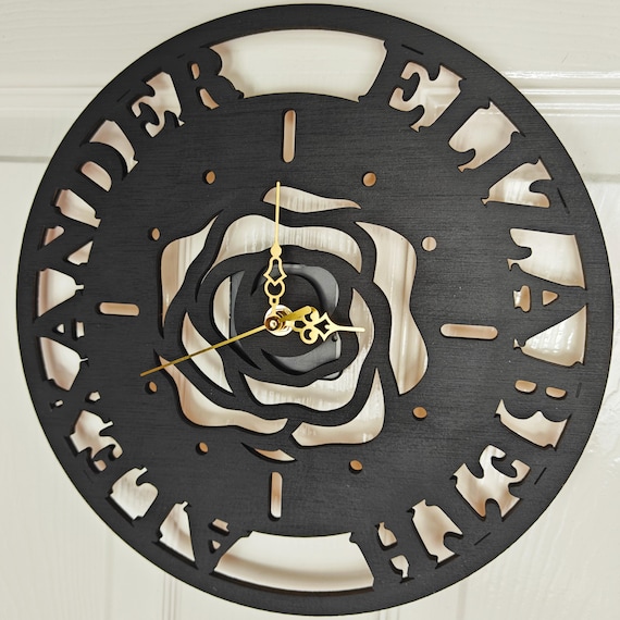 custom made personalised bespoke wood wooden laser cut engraved black wall clock name word letter message birthday wedding anniversary gift