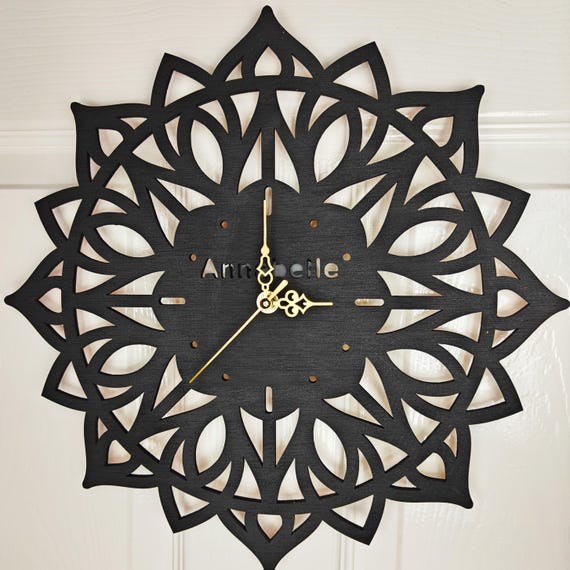black custom made personalised bespoke wood wooden laser cut mandala pattern wall clock name word letter message birthday wedding gift
