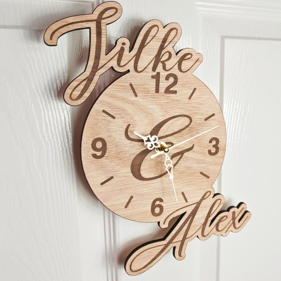custom made personalised bespoke wood wooden laser cut engraved wall clock name word letter message birthday wedding anniversary gift
