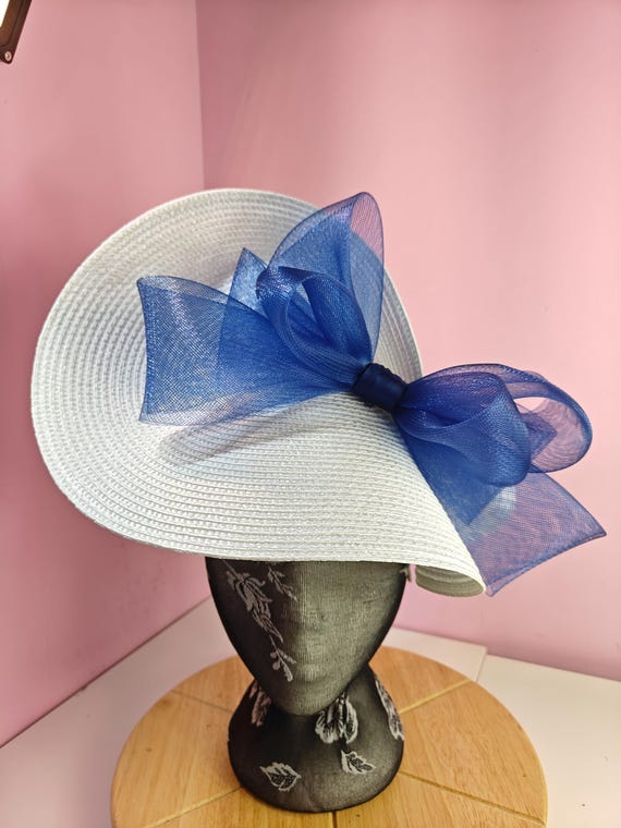 white blue straw crinoline bow fascinator millinery burlesque wedding hat on headband royal ascot party house race cosplay Kentucky derby