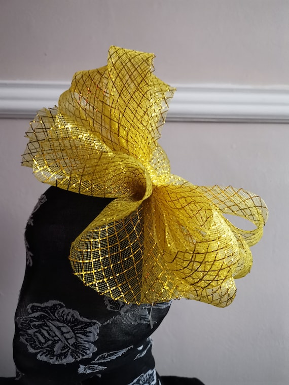 gold yellow crin fascinator millinery burlesque headband wedding hat hair piece