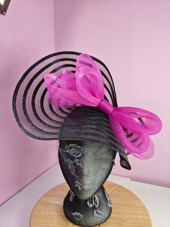 black pink straw crinoline bow fascinator millinery burlesque wedding hat headband royal ascot party house race cosplay Kentucky derby