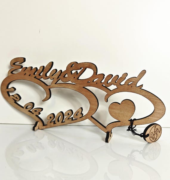 Personalised bespoke love heart laser cut engraved wood name word desk table stand free standing wall door plaque sign logo design service