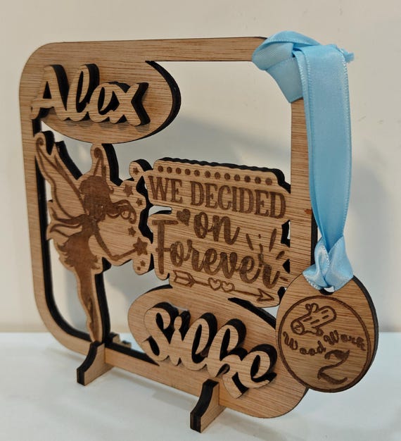 Personalised custom made laser cut engraved wood name word desk table stand free standing wall plaque birthday card sign logo design service