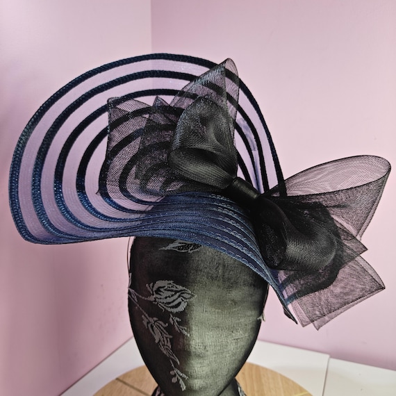 navy black large fascinator millinery burlesque wedding hat headband party race cosplay handmade Kentucky Derby Royal Ascot