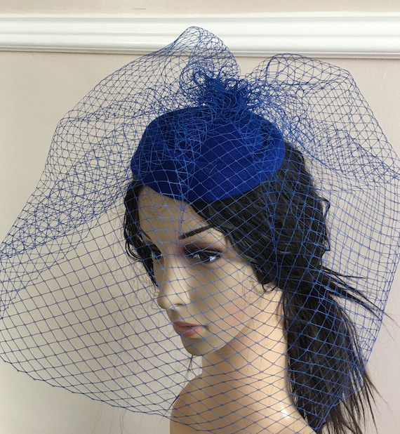 pill box hat royal blue french veil veiling fascinator millinery burlesque hair clip hen party bridal ascot race fancy dress British