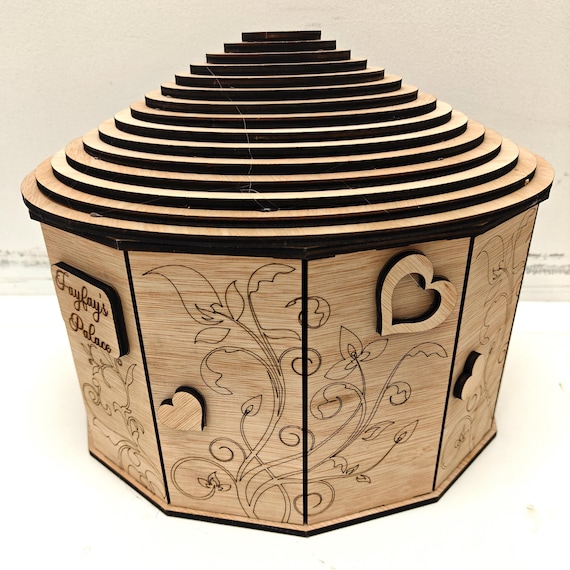 personalised bespoke custom made laser cut engraved wood wooden pet house round tent home hutch cat dog tortoise hamster guinea pig reptile