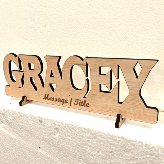 Personalised bespoke custom made laser cut engraved wood name word desk table stand free standing wall door plaque  sign logo design service