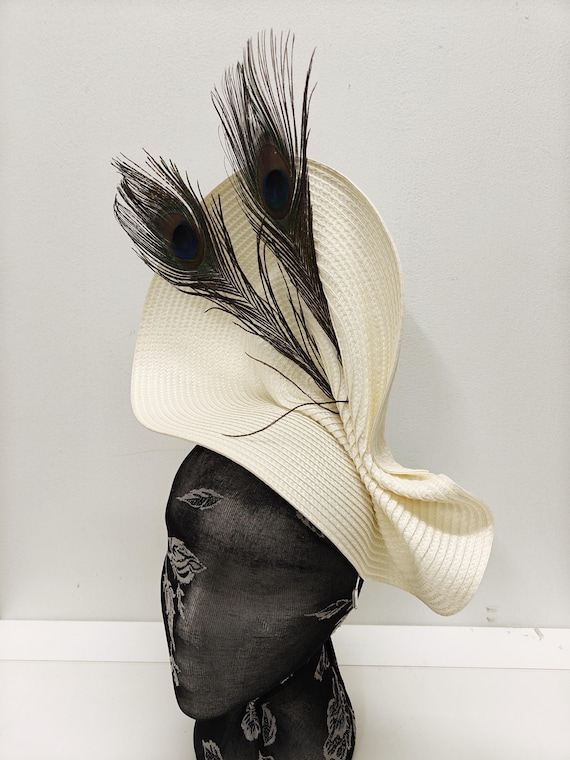 ivory off white large straw fascinator millinery burlesque wedding hat on headband ascot party race cosplay handmade unique design