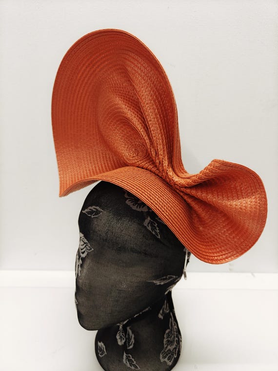 orange large straw fascinator millinery burlesque wedding hat on headband ascot party race cosplay handmade unique design