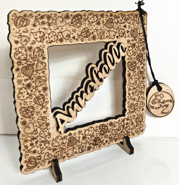 Personalised bespoke laser cut engrave wood name word desk table stand free standing wall door plaque birthday card sign logo design service