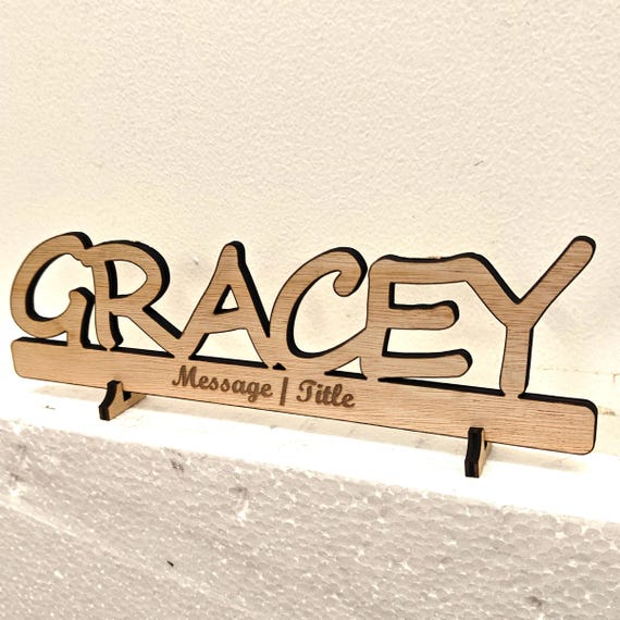 Personalised bespoke custom made laser cut engraved wood name word desk table stand free standing wall door plaque  sign logo design service