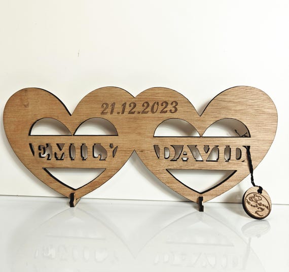 Personalised bespoke love heart laser cut engraved wood name word desk table stand free standing wall door plaque sign logo design service