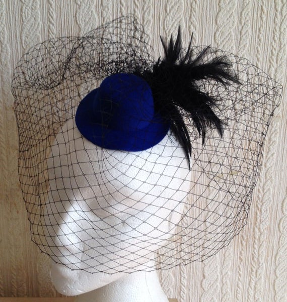 black feather french veil veiling blue mini top hat fascinator millinery burlesque hair clip hen party bridal ascot race fancy dress