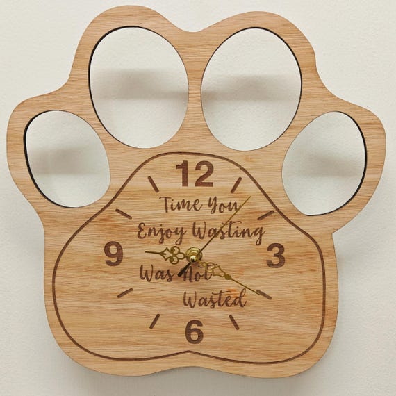 custom made personalised bespoke wood wooden laser cut engraved pet dog paw wall clock name word letter message birthday wedding gift