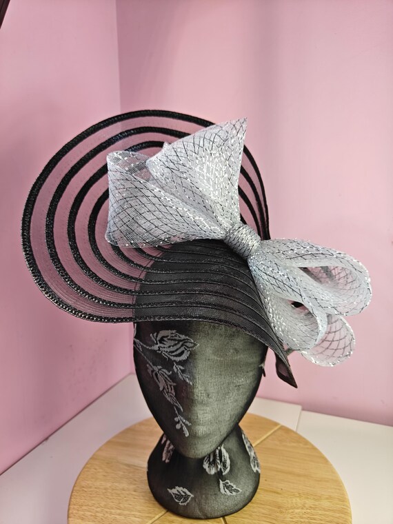 black silver straw crinoline bow fascinator millinery burlesque wedding hat headband royal ascot party house race cosplay Kentucky derby