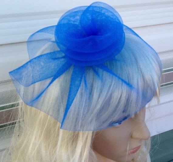 blue crin flower netting fascinator millinery burlesque hair clip brooch hen party bridal ascot race fancy dress british