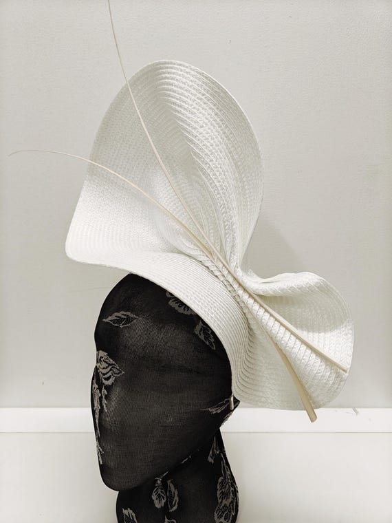 white large straw fascinator millinery burlesque wedding hat on headband ascot party race cosplay handmade unique design