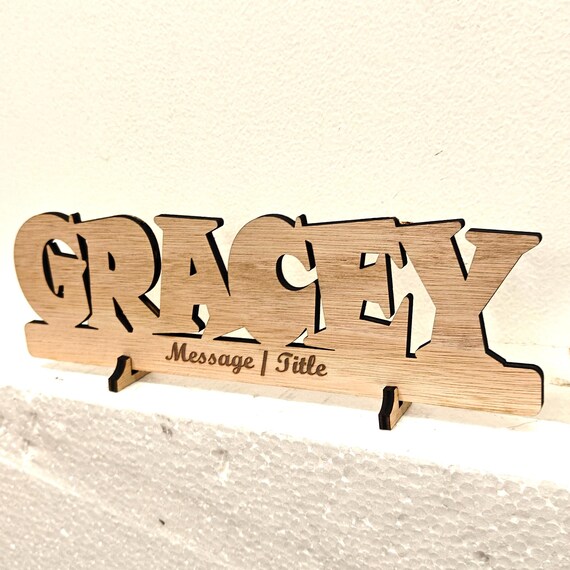 Personalised bespoke custom made laser cut engraved wood name word desk table stand free standing wall door plaque  sign logo design service