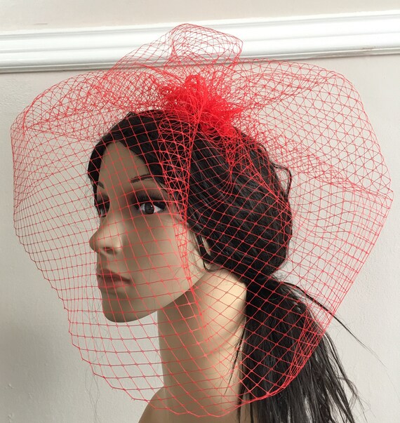 bright red french veil veiling fascinator millinery burlesque hair clip hen party bridal ascot race fancy dress wedding British hat