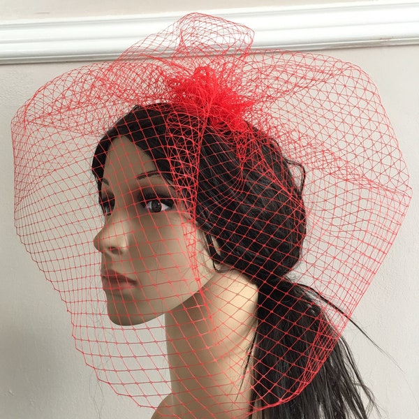 bright red french veil veiling fascinator millinery burlesque hair clip hen party bridal ascot race fancy dress wedding British hat