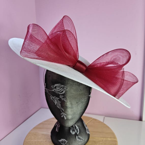 white dark red large fascinator millinery burlesque wedding hat headband party race cosplay handmade Kentucky Derby Royal Ascot