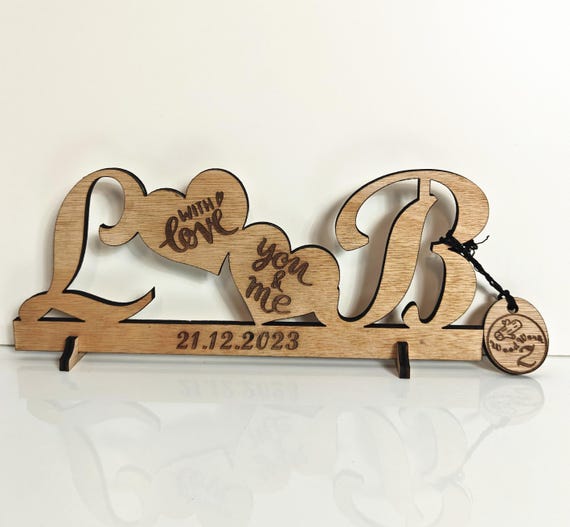 Personalised bespoke custom made heart laser cut engraved wood letters name word desk table stand wall door plaque sign logo design service