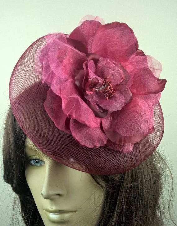 dark red satin flower crin netting fascinator millinery burlesque hair clip hen party bridal ascot race fancy dress british