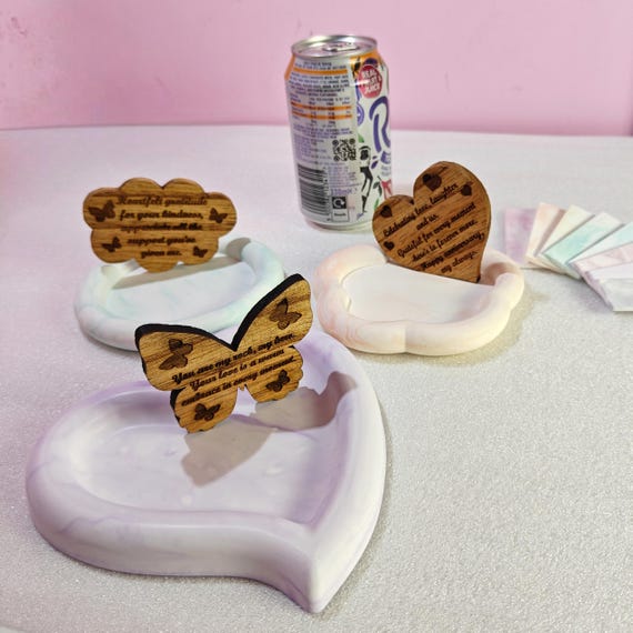 Custom hand made personalised bespoke real hard solid wood laser cut engraving plaster gypsum eco resin casting jewellery trinket tray dish