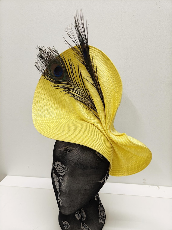 yellow large straw fascinator millinery burlesque wedding hat on headband ascot party race cosplay handmade unique design