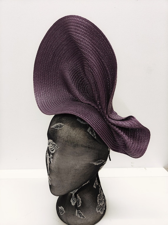 dark purple large straw fascinator millinery burlesque wedding hat on headband ascot party race cosplay handmade unique design
