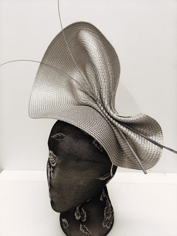 grey silver large straw fascinator millinery burlesque wedding hat on headband ascot party race cosplay handmade unique design