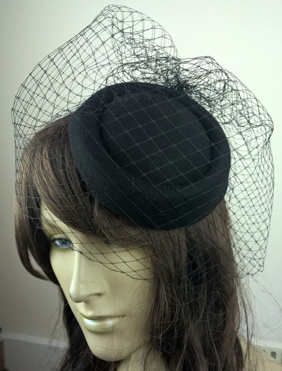 black pill box hat black French veil veiling fascinator millinery burlesque hair clip hen party bridal ascot race fancy dress
