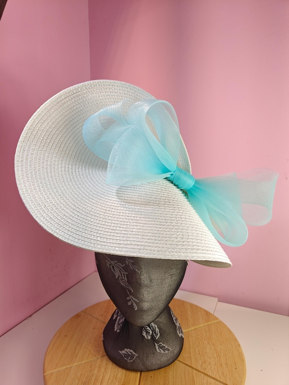 white blue straw crinoline bow fascinator millinery burlesque wedding hat on headband royal ascot party house race cosplay Kentucky derby